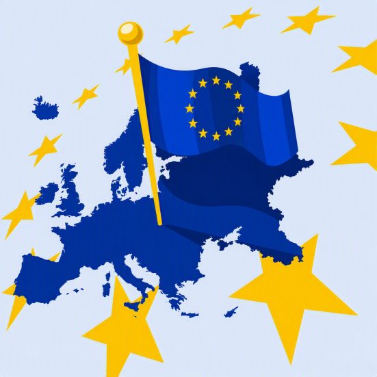 Tegningen viser EU-flaget på en baggrund af et landkort og gule stjerner