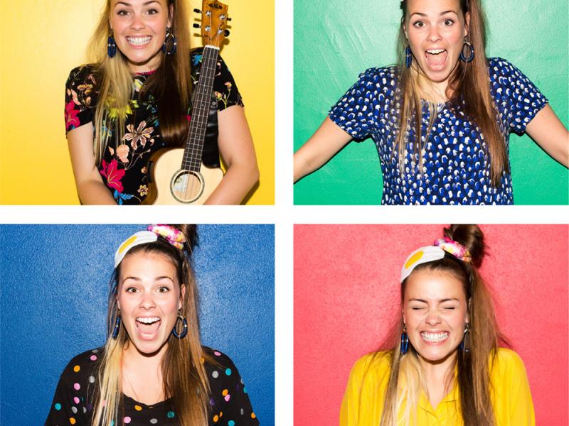 Billedet består af fire fotos med Anna Spejlæg foran forskelligt farvede baggrunde